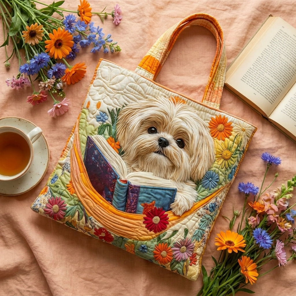 Artisanale Tas - Shih Tzu met Boeken en Bloemen