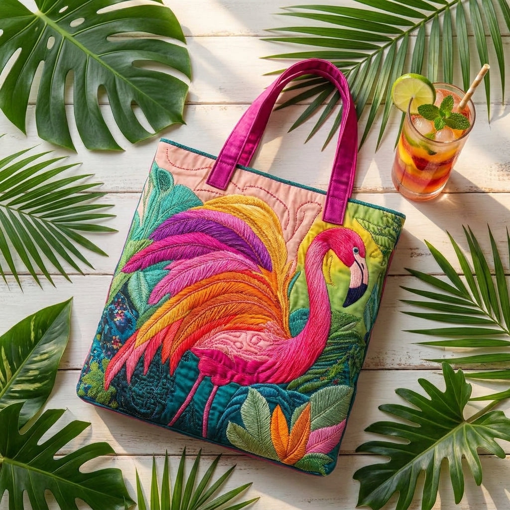 Gequilte Tote Bag - Regenboog Flamingo