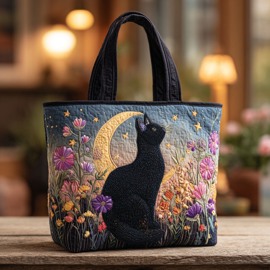 Bloesem Nacht Kat Gequilt Tote Bag