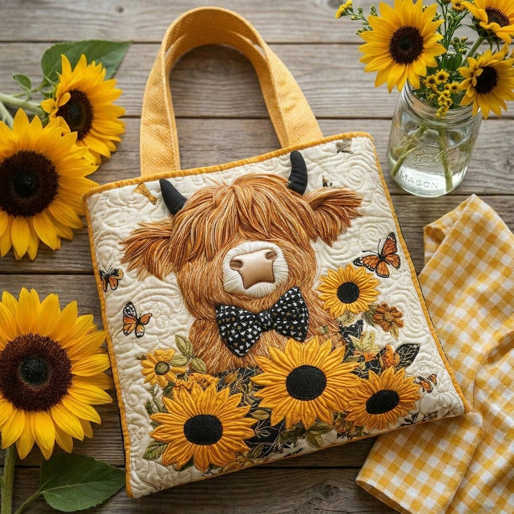 Gequiltte Tas - Hoogland Koe met Zonnebloemen