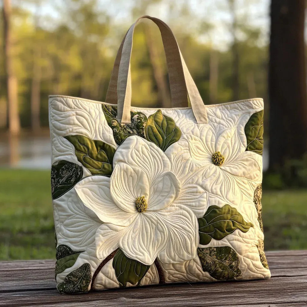 Ambachtelijke Gequilte Tote Bag - Elegante Witte Lelies