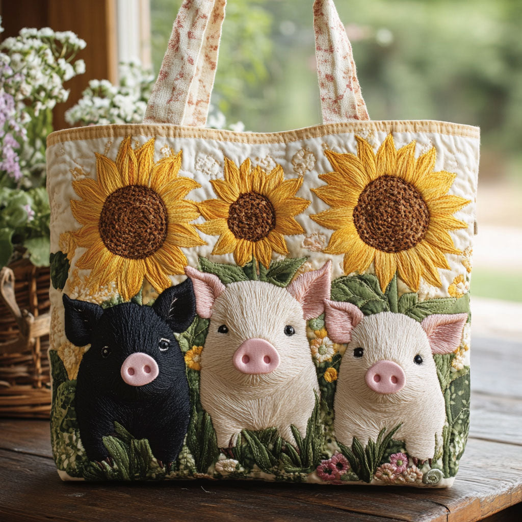 Zonnebloem en Varkens Gequilt Tote Bag