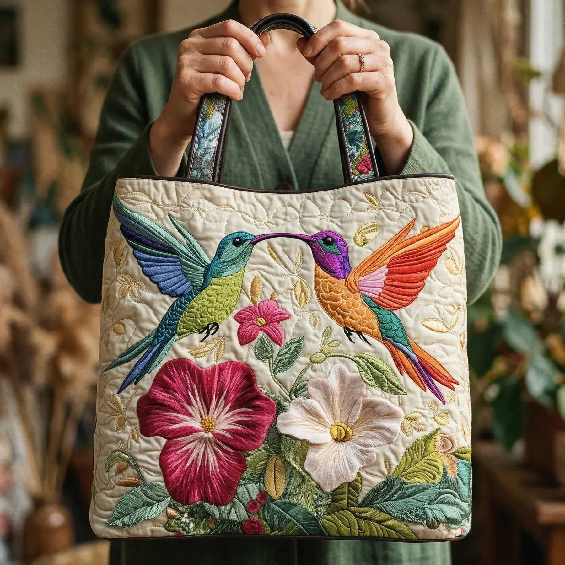 Gequilte Tas - Kolibrie en Witte Bloemen