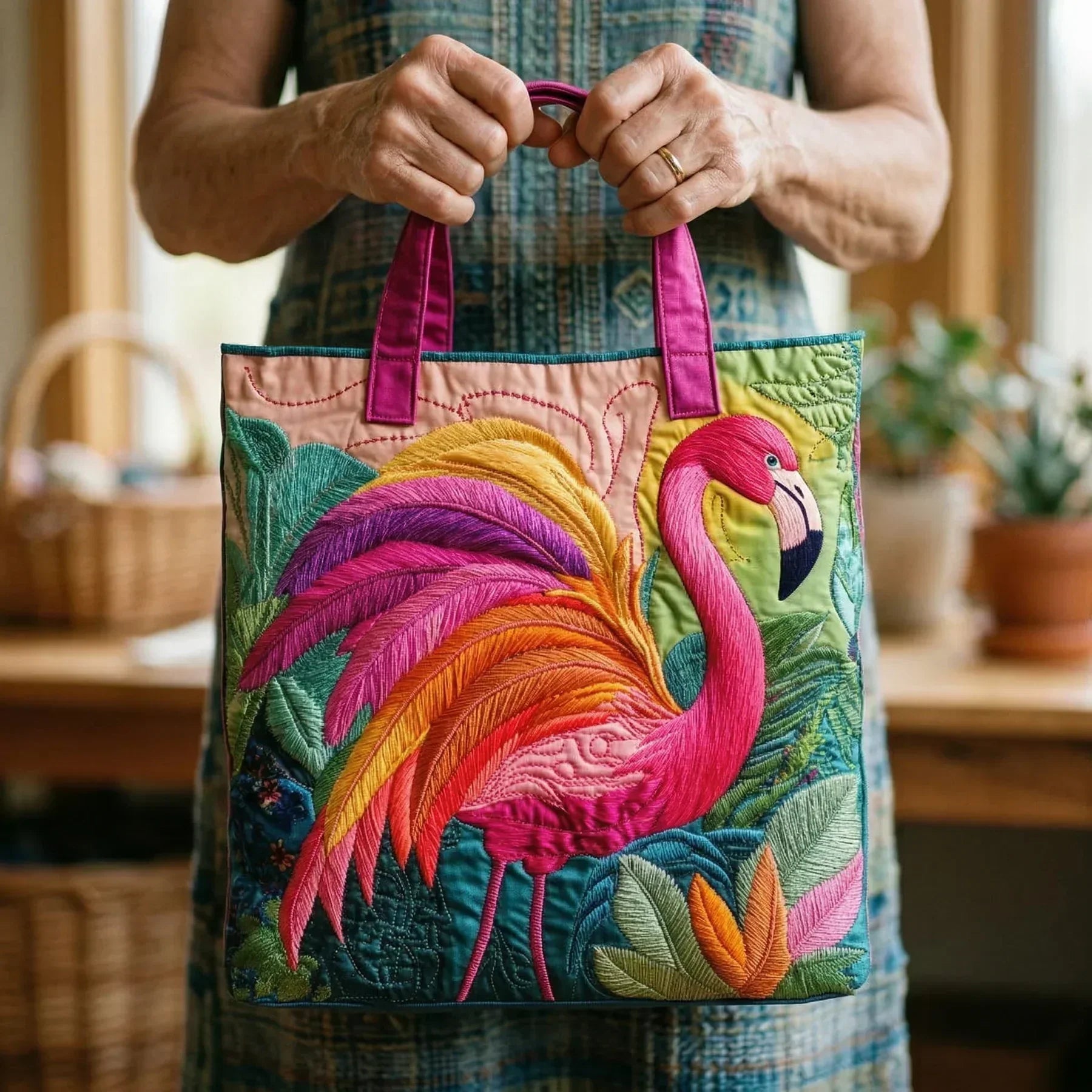 Gequilte Tote Bag - Regenboog Flamingo
