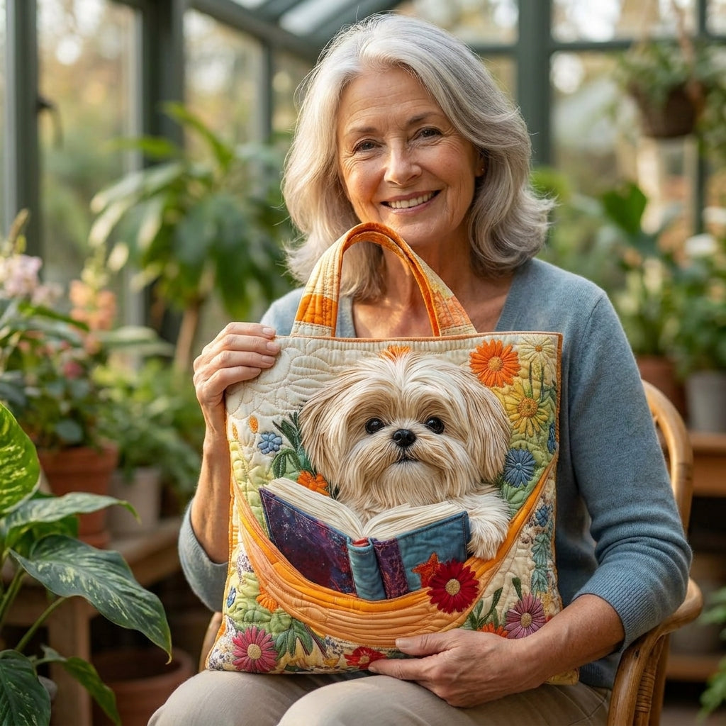 Artisanale Tas - Shih Tzu met Boeken en Bloemen