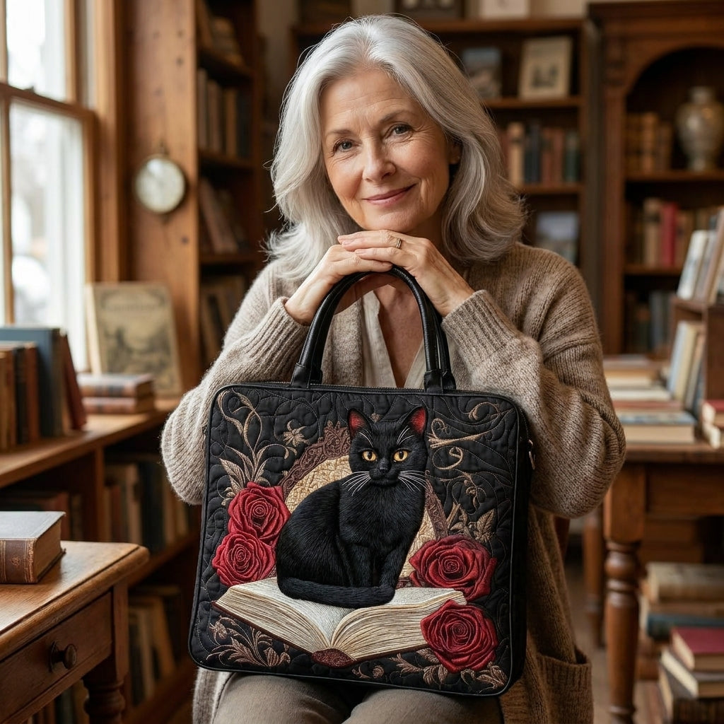 Gequilt Artisan Tas - Zwarte Kat op Boeken