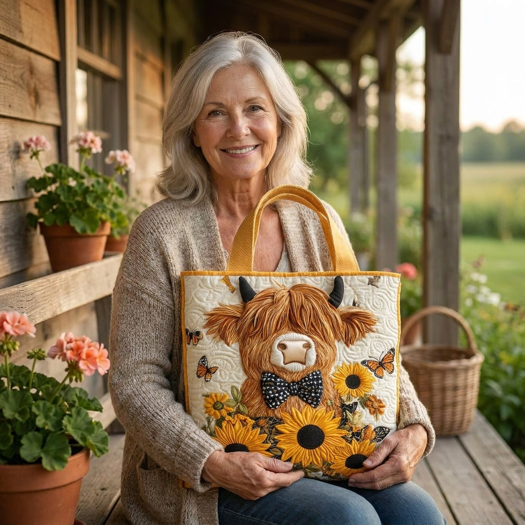 Gequiltte Tas - Hoogland Koe met Zonnebloemen