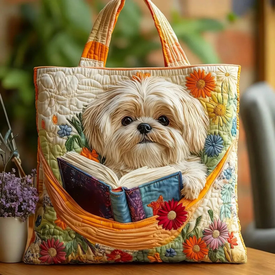 Artisanale Tas - Shih Tzu met Boeken en Bloemen