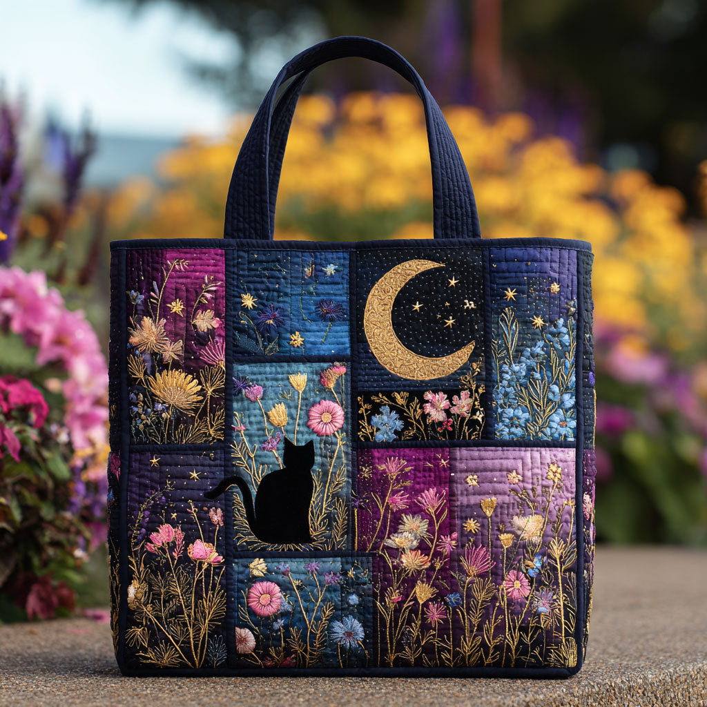 Floral Cat Night Gequiltte Tote Bag