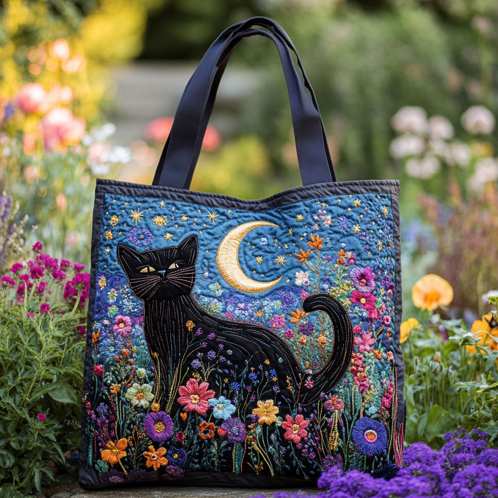 Maanschijn Zwarte Kat Gequilt Tote Bag