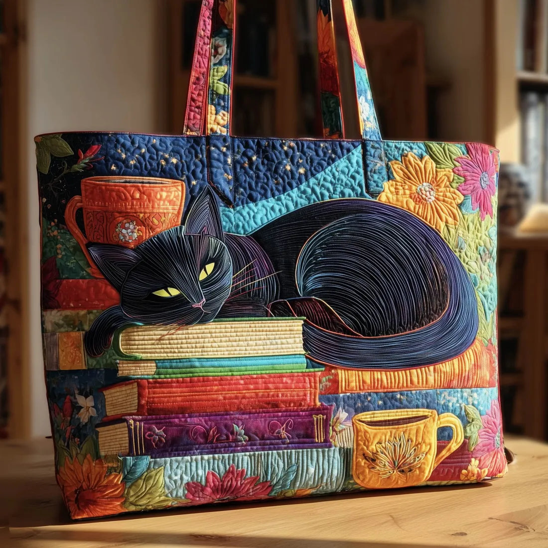 Artisan Tas - Zwarte Kat met Boeken en Mokken