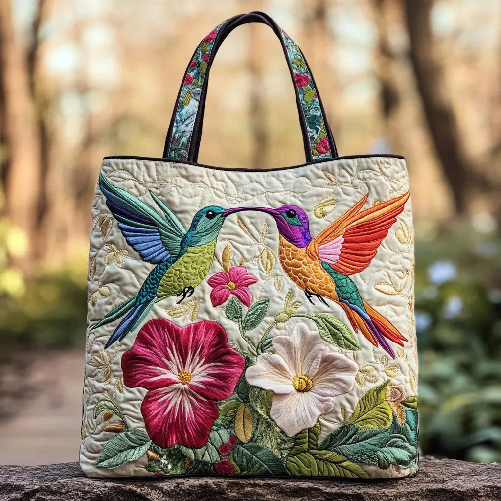 Gequilte Tas - Kolibrie en Witte Bloemen