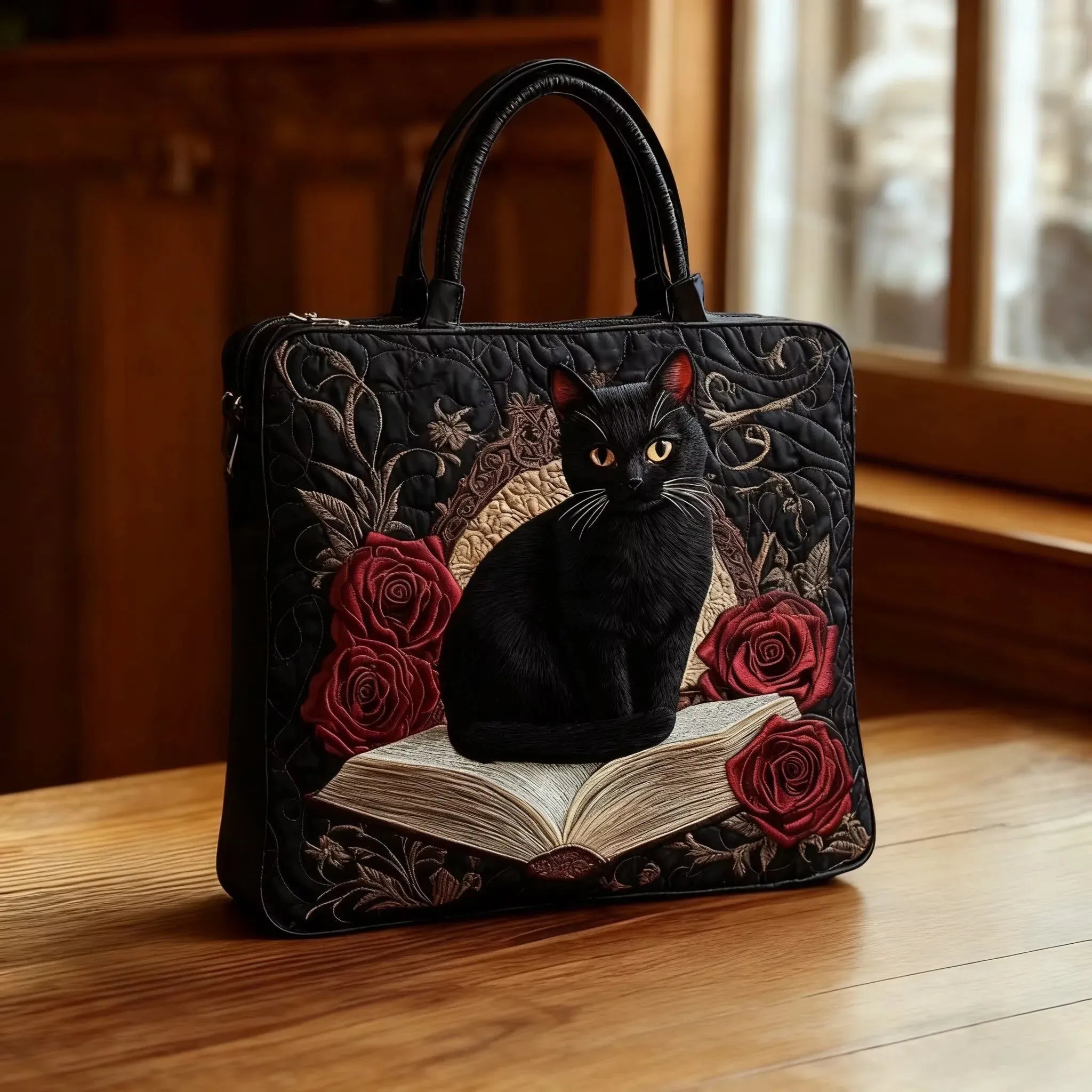 Gequilt Artisan Tas - Zwarte Kat op Boeken