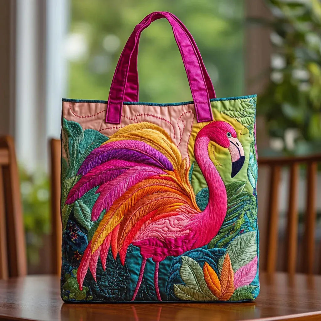 Gequilte Tote Bag - Regenboog Flamingo