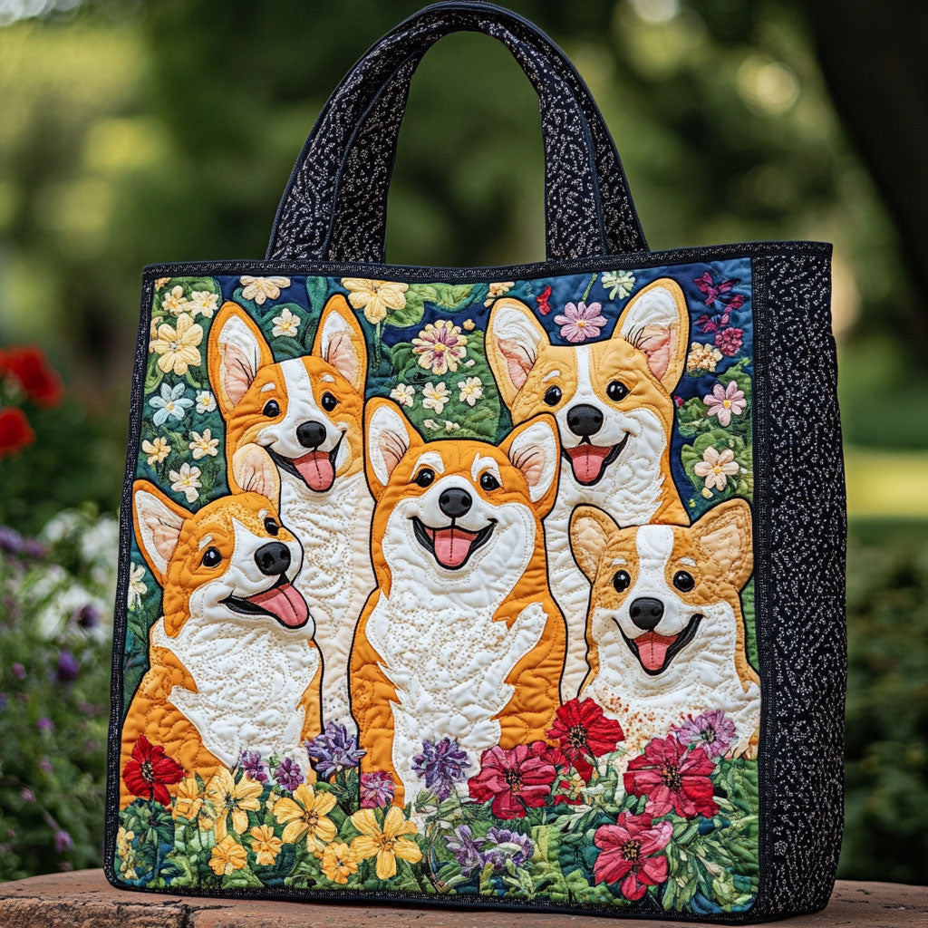Bloeiende Corgi Gequilt Tote Bag