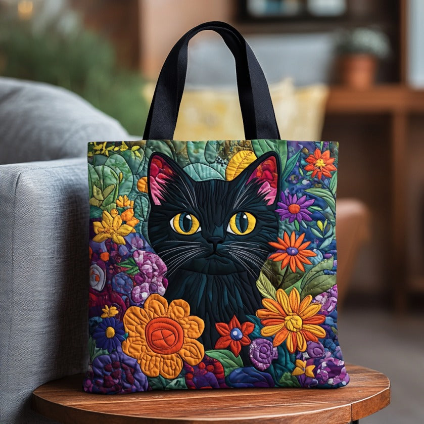 Floral Zwarte Kat Gequiltete Tote Bag