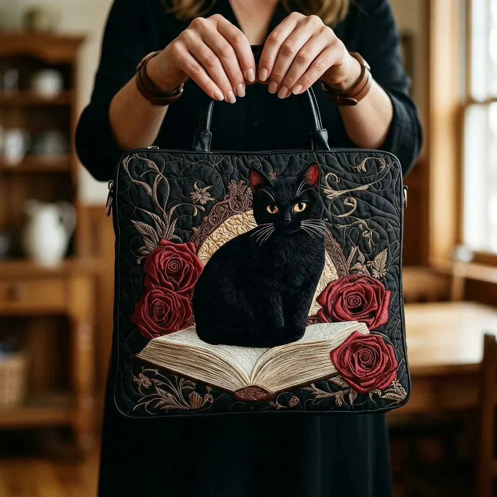 Gequilt Artisan Tas - Zwarte Kat op Boeken