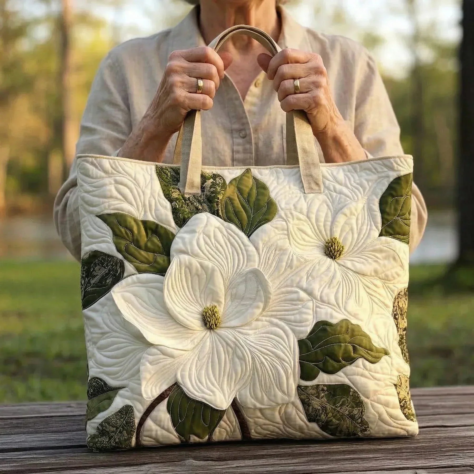 Ambachtelijke Gequilte Tote Bag - Elegante Witte Lelies