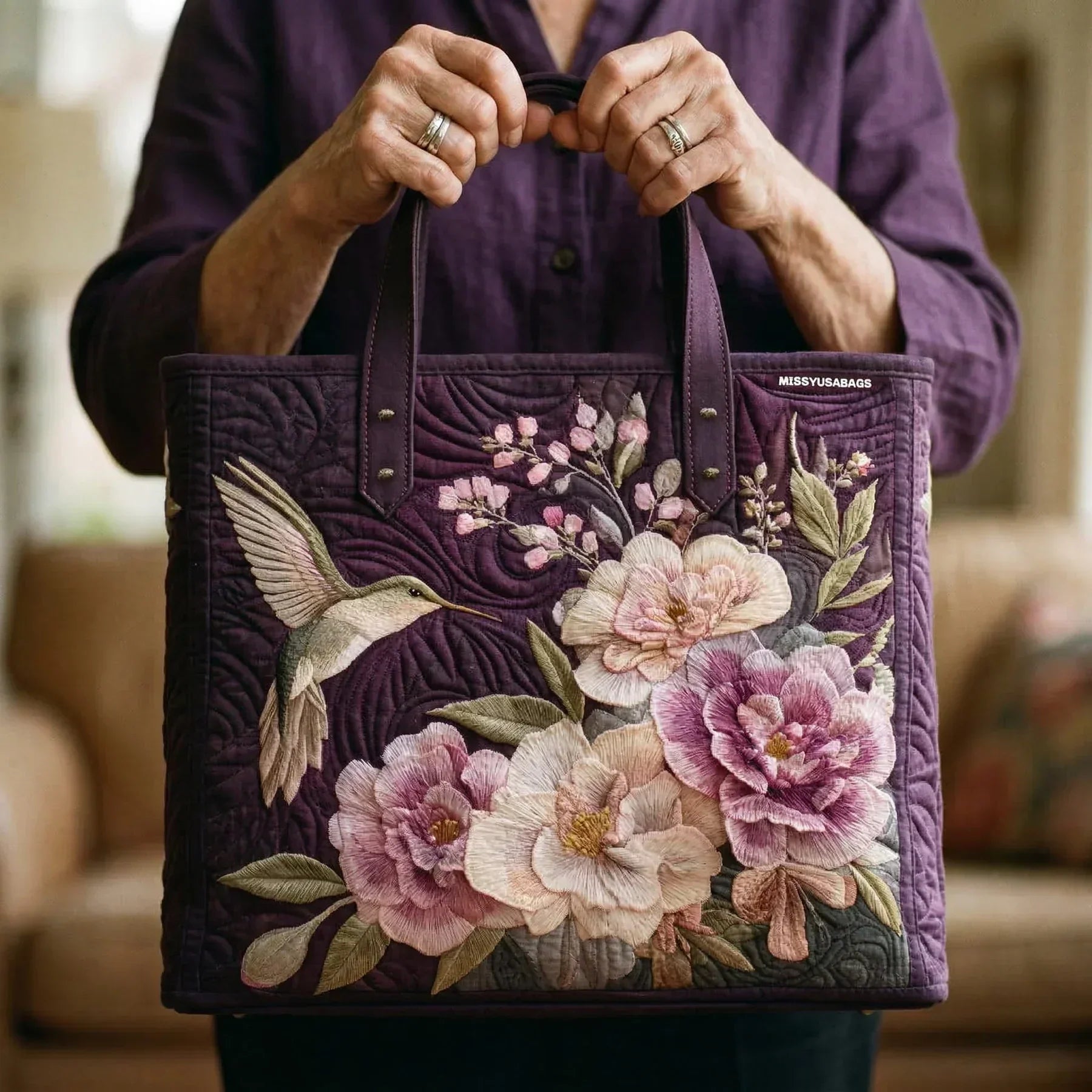 Ambachtelijke Gequilte Tas - Kolibries en Orchideeën