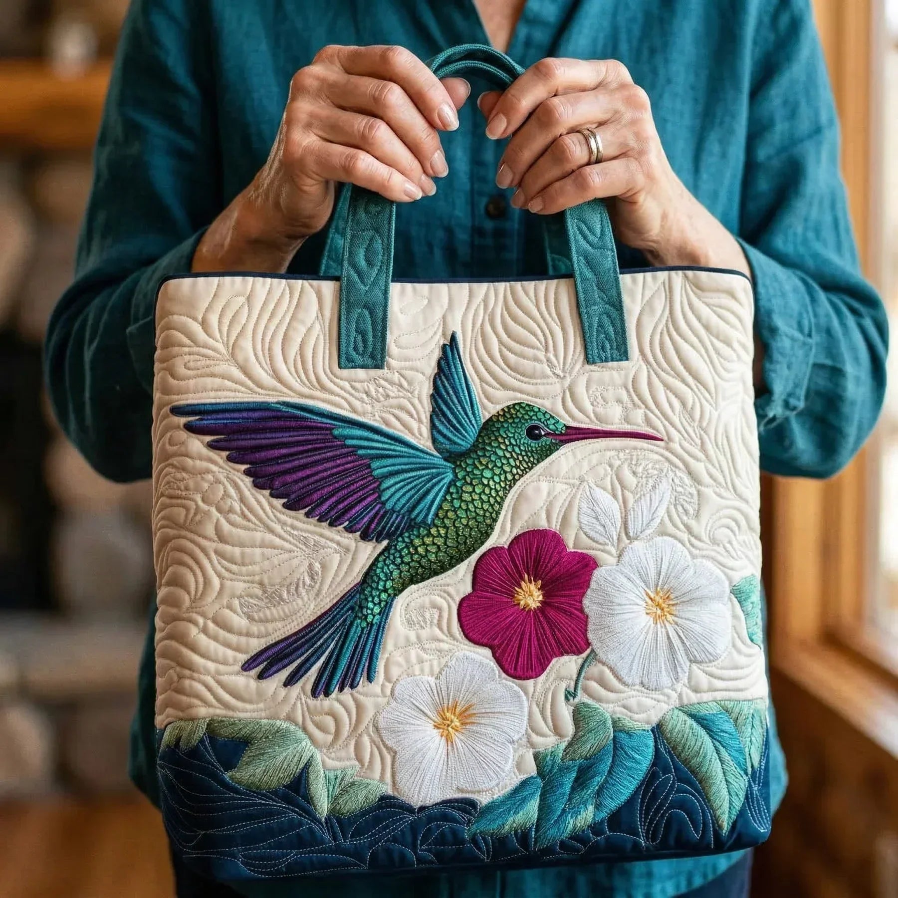 Gequiltede Tas - Kolibrie en Witte Bloem
