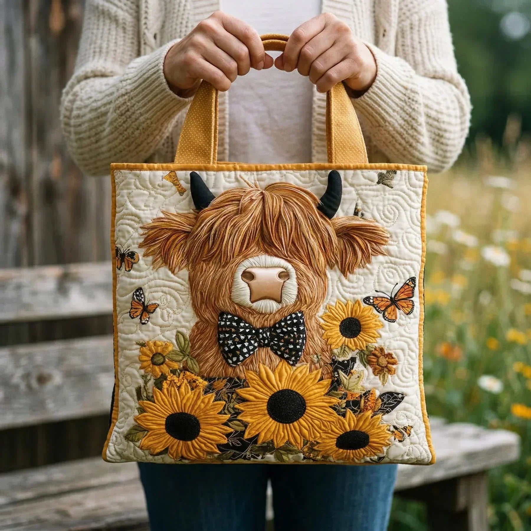 Gequiltte Tas - Hoogland Koe met Zonnebloemen